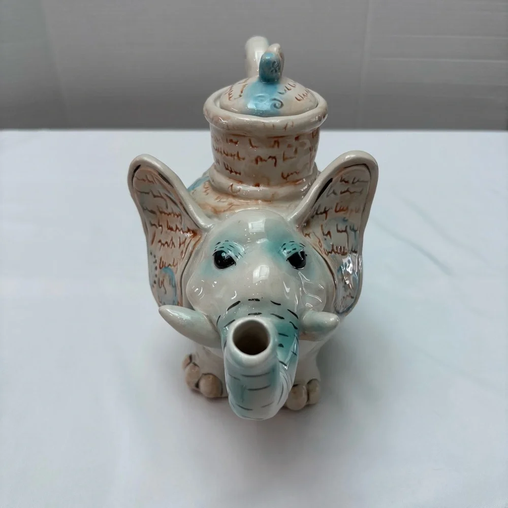 Blue Sky Clayworks Elephant Ceramic Teapot by Heather Goldminc Cream Blue